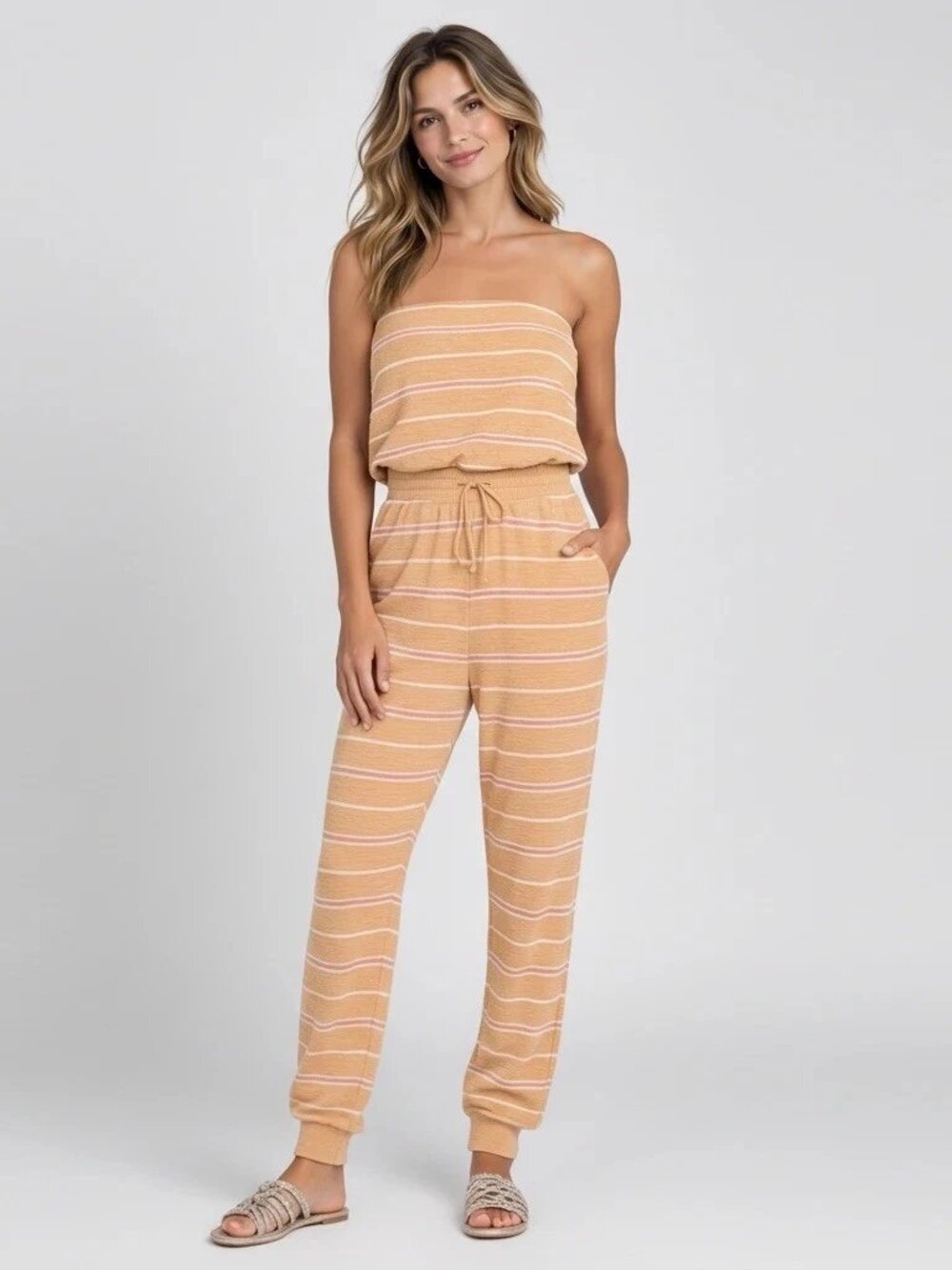 L*Space North Shore Jumpsuit Small Sunrise Stripe Strapless Cotton Jogger Romper